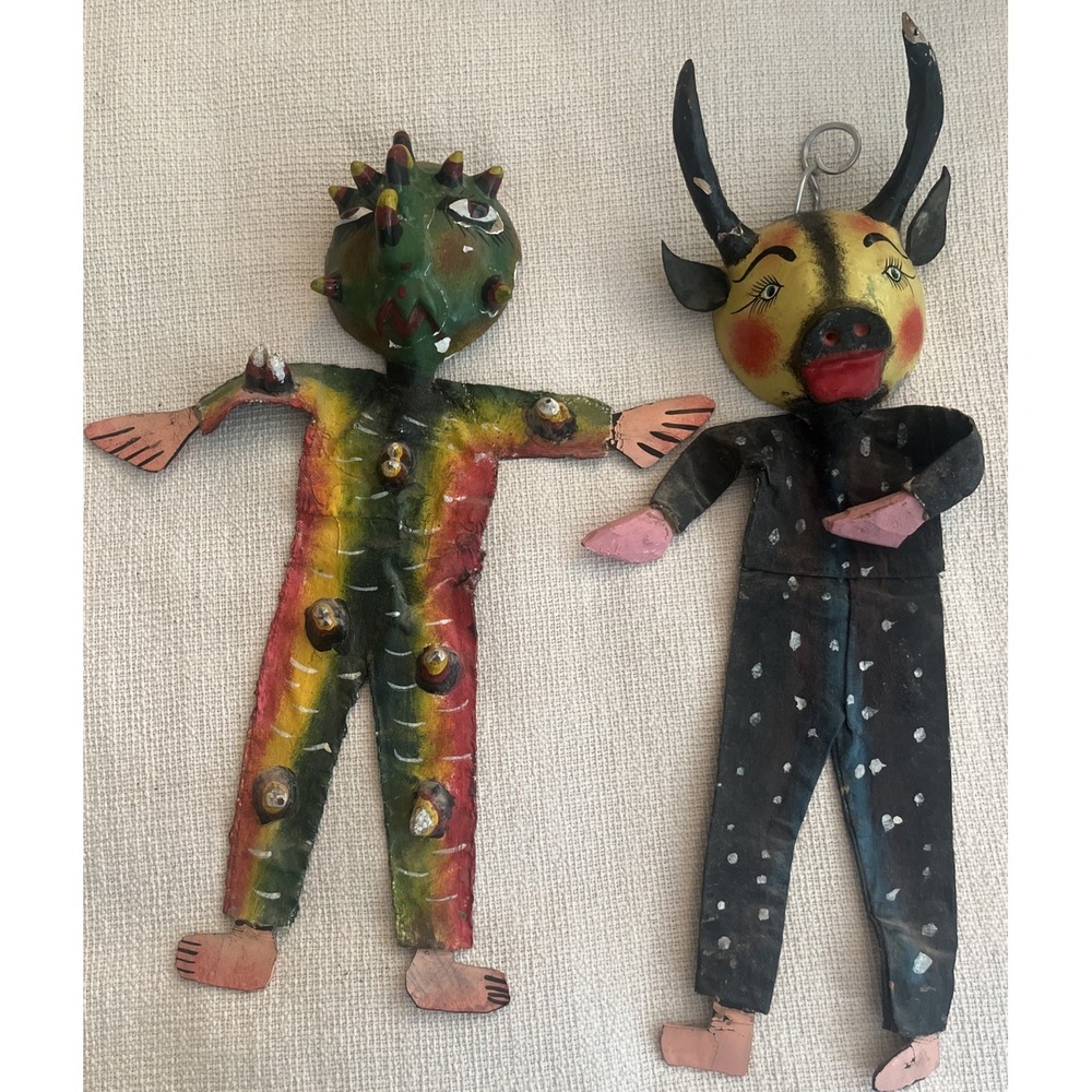 VTG Two Mexican Folk Art Wall Hangings Coconut Canvas Hand Painted DEVIL Theme
